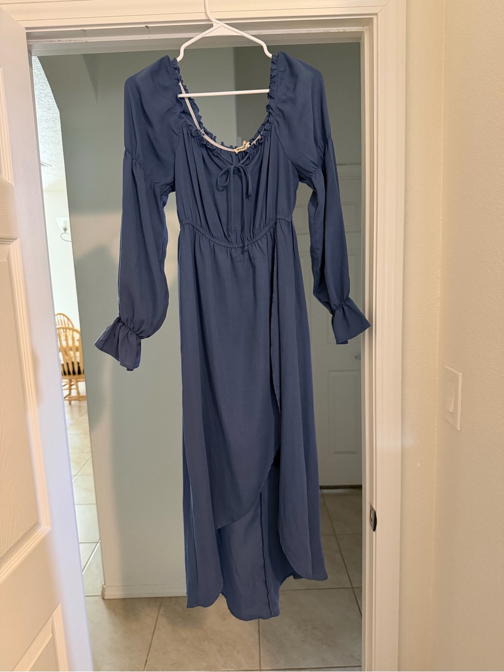 Inspire Slate Blue Long Sleeve Maxi Dress with Ruffle Scoop
